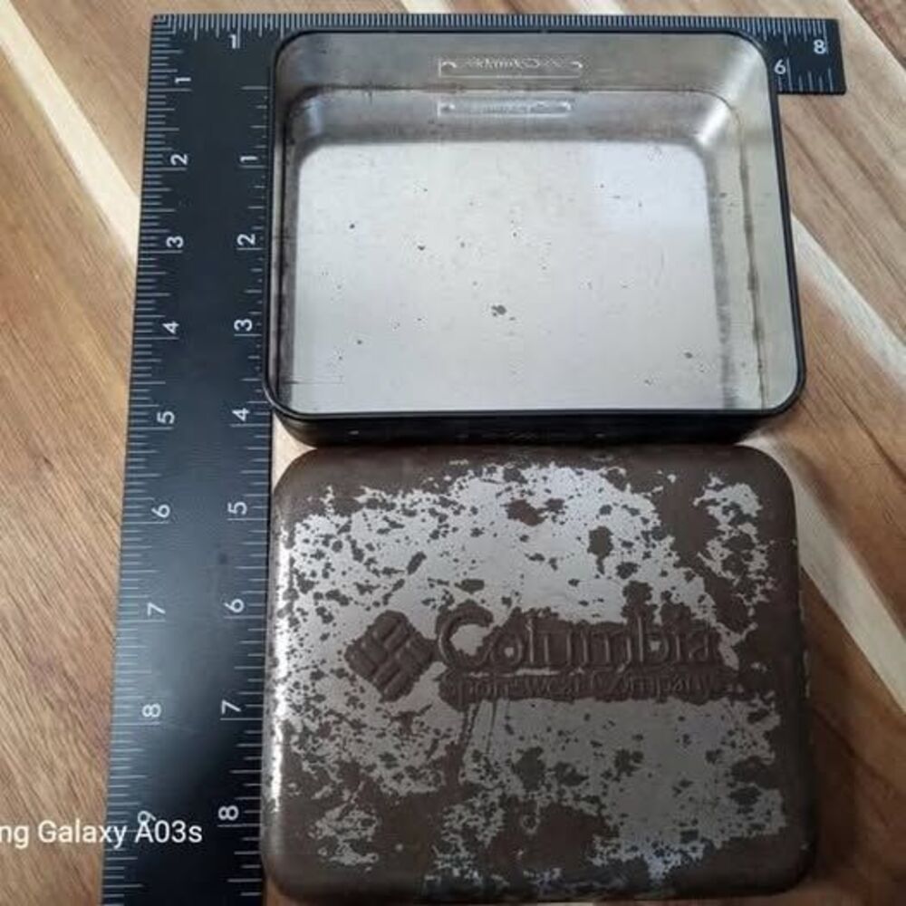 Vintage Columbia Sportswear Metal Tin Small Storage Box Gear Logo Collectible